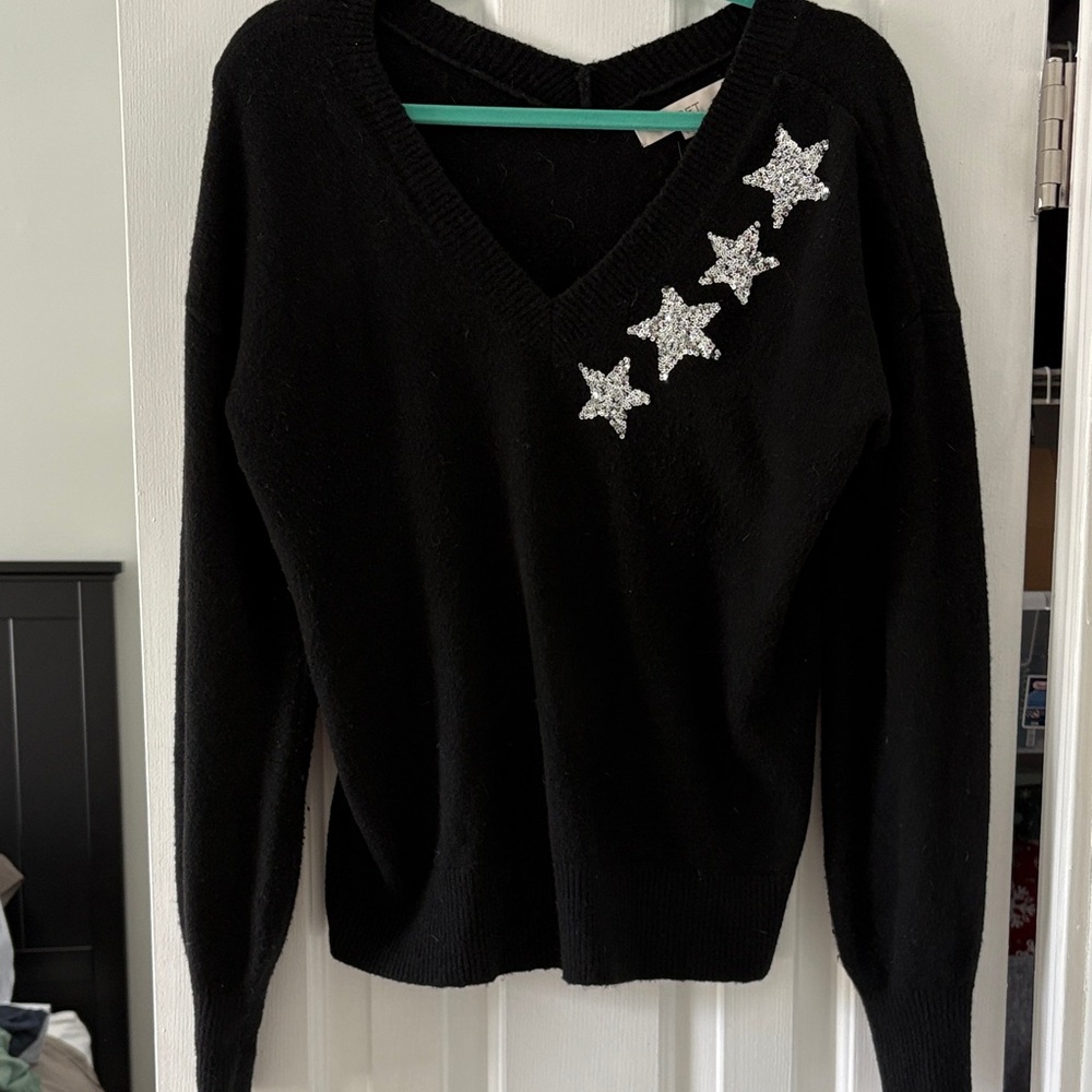 LOFT Black V-Neck Sweater with Silver Star Accents